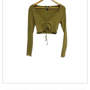 Forever 21 Green Long Sleeve Tie Front Crop Blouse •
